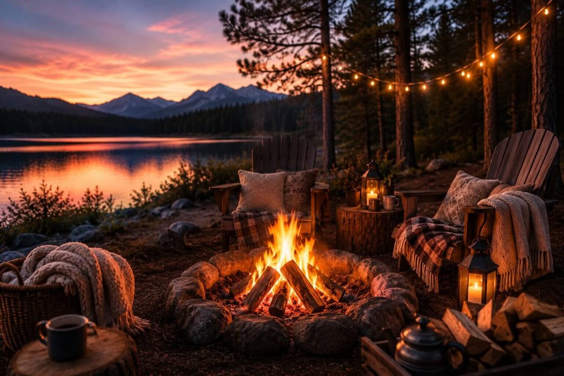 A cosy lakeside campfire setup at dusk, featuring two wooden chairs with blankets, a stone fire pit, string lights hanging in the trees, and a mountain view across the water.