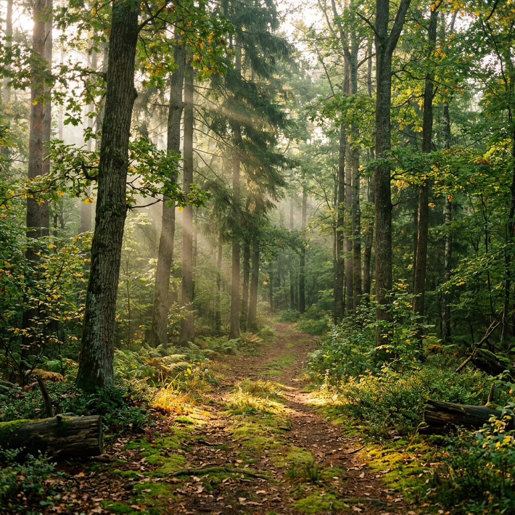 Forest path with sunlight streaming through tall trees and green foliage