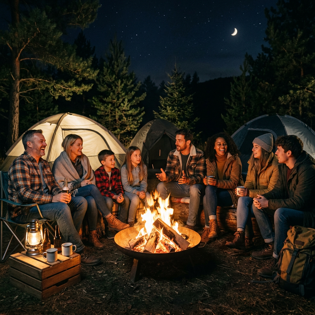 Group of seven people sitting around campfire with tents and crescent moon in background
