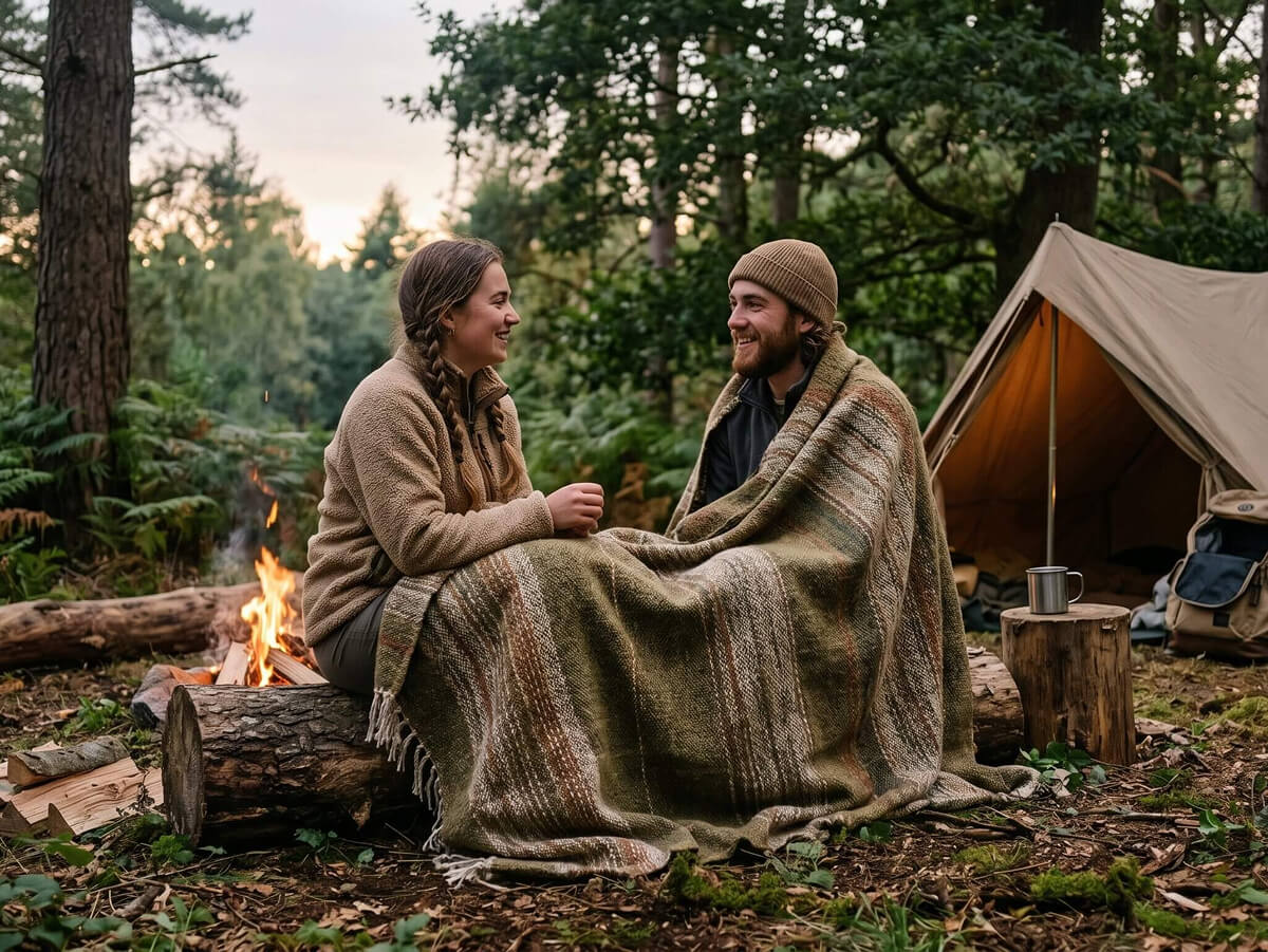 A couple sitting together by a campfire in a forest, wrapped in a large, textured eco-friendly woven blanket.