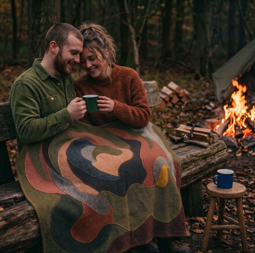 A young couple sits closely on a wooden bench by a campfire in the woods, wrapped together under a large, colourful, patterned blanket while holding mugs.