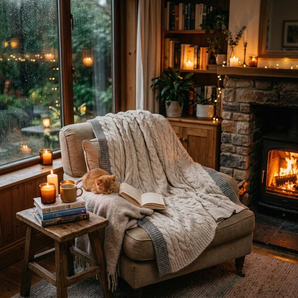 Woman reading with tea and sleeping cat beside a lit fireplace