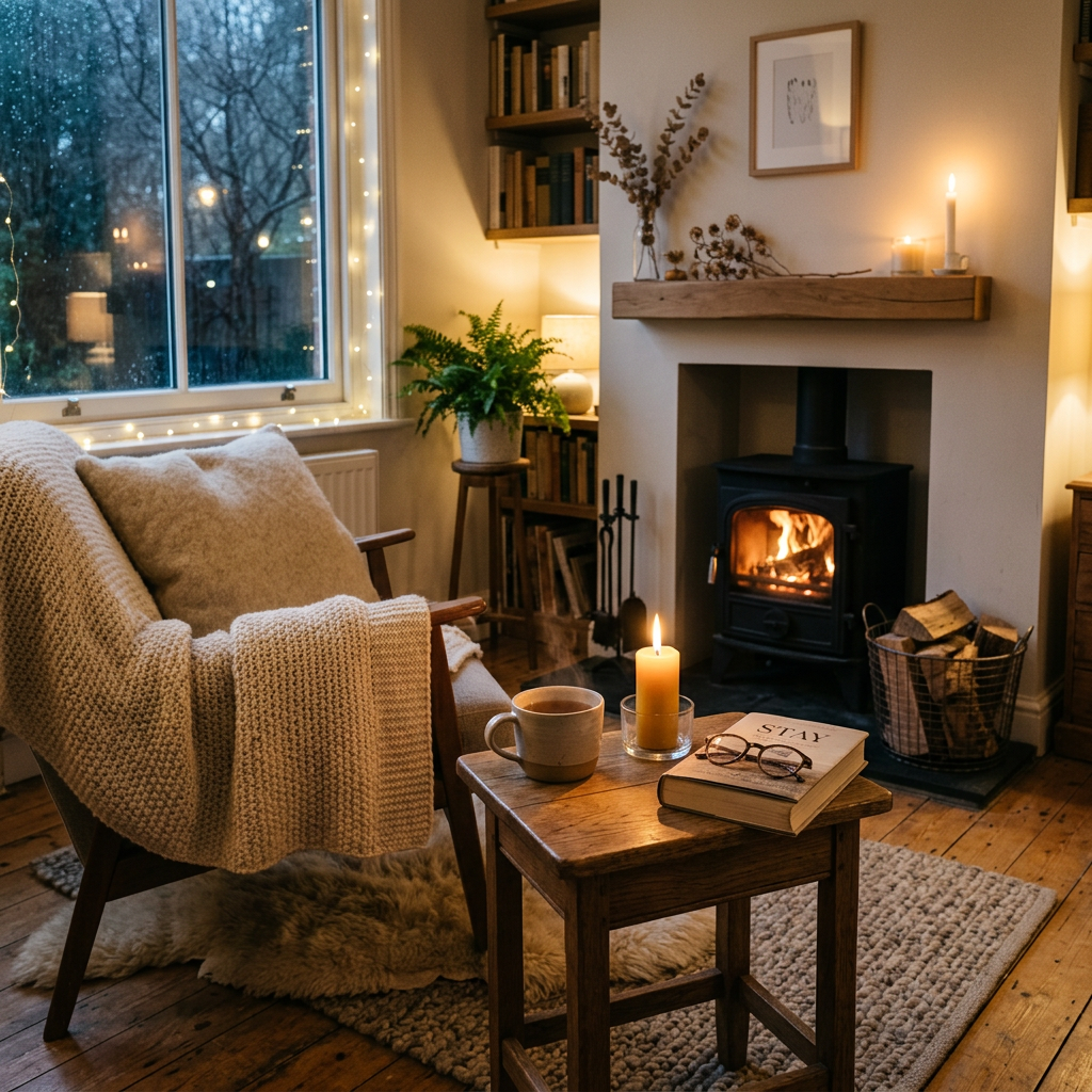 Cozy reading nook with armchair, book, tea, candles, and wood stove